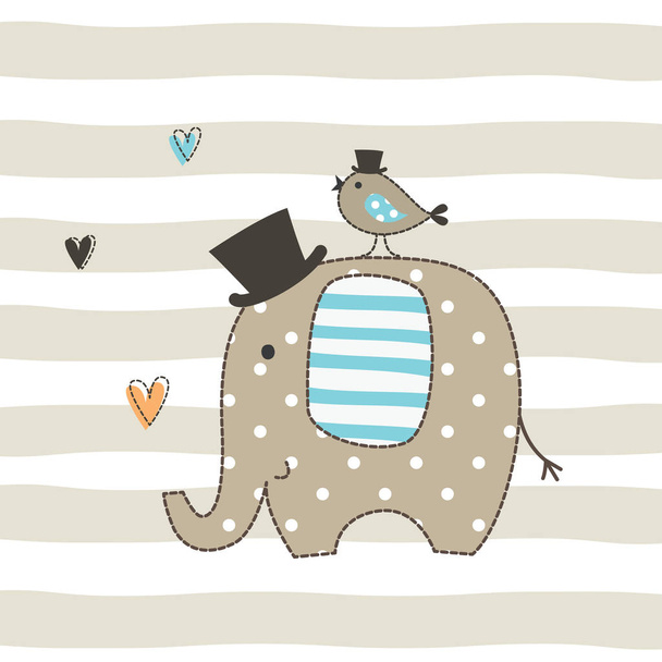 Cute vector illustration with an elephant and a bird for t-shirt design, greeting card, baby shower - Vektör, Görsel