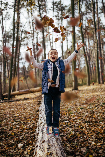 Cute and happy little boy enjoying and playing in autumn park. - Фото, зображення