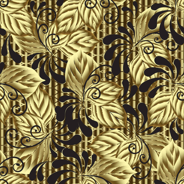 Modern gold 3d leafy vector seamless pattern. Textured grid lattice drapery background. Striped backdrop. Creative ornamental design with surface gold leaves, black paisley flowers. Abstract ornament - Vektor, Bild