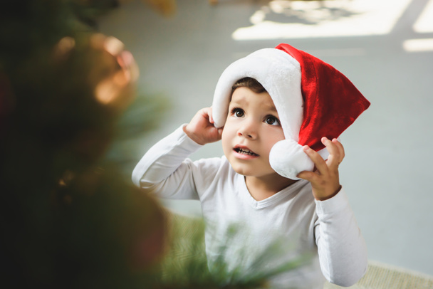 adorable little boy in santa hat looking at christmas tree - Photo, Image