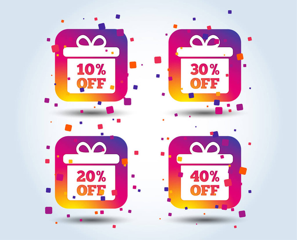 Sale gift box tag icons. Discount special offer symbols. 10%, 20%, 30% and 40% percent off signs. Colour gradient square buttons. Flat design concept. Vector - Vector, imagen
