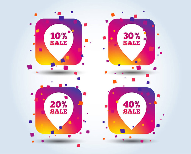 Sale pointer tag icons. Discount special offer symbols. 10%, 20%, 30% and 40% percent sale signs. Colour gradient square buttons. Flat design concept. Vector - Vector, imagen