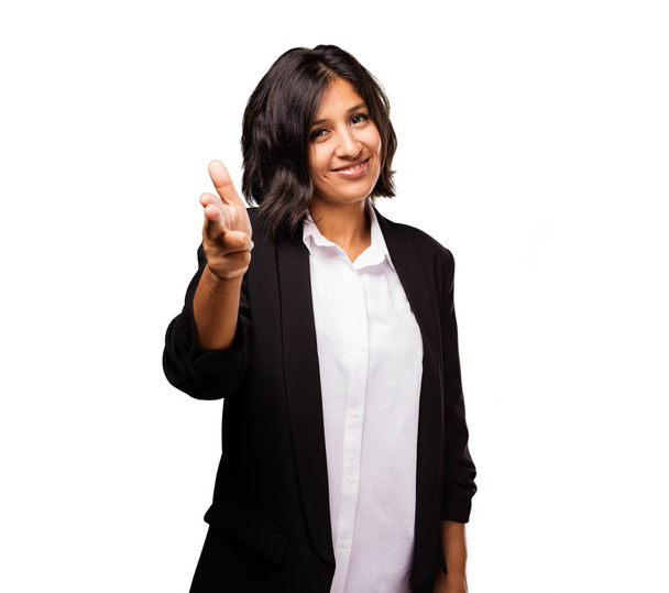 Latinské obchodních žena dělá zbraň gesto - Fotografie, Obrázek
