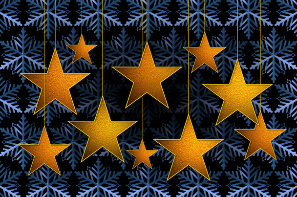 étoiles 3D suspendues dorées avec cristaux de glace bleus, flocons de neige
 - Photo, image