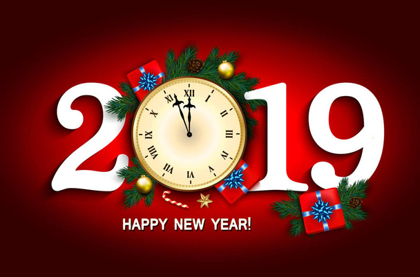 Karta nowy rok 2019 z zegarem, pudełko, Cukierkowa, pine oddział - Wektor, obraz