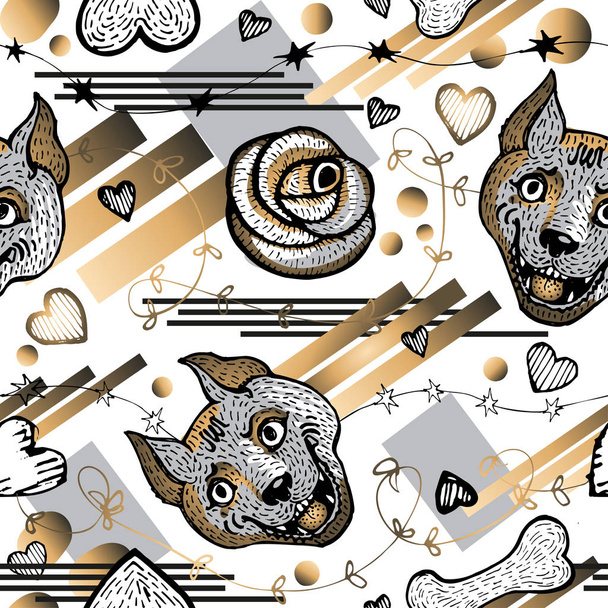 Vector seamless pattern with a hand-painted pit bull, hearts and bones in a Scandinavian style - Вектор,изображение