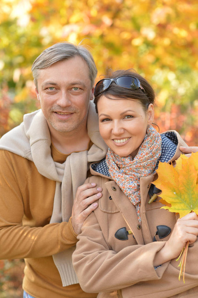Portrait of  happy couple  posing in autumnal park outdoors - Photo, Image