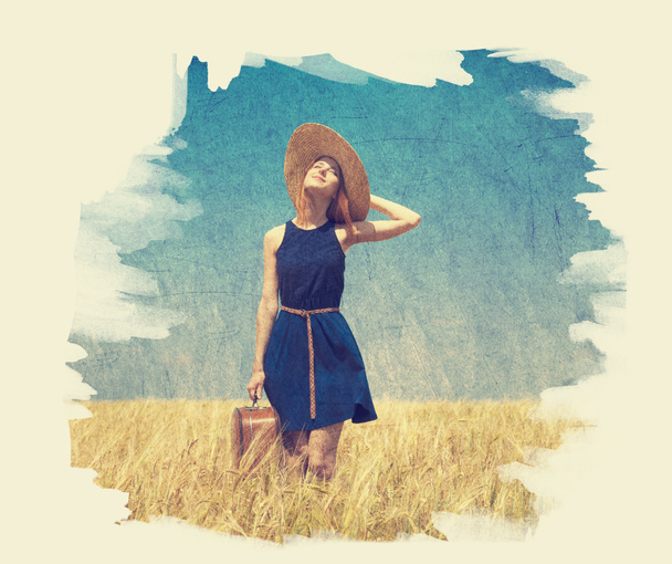 Yalnız kız çanta, ülke. eski boya renkli fotoğraf - Fotoğraf, Görsel