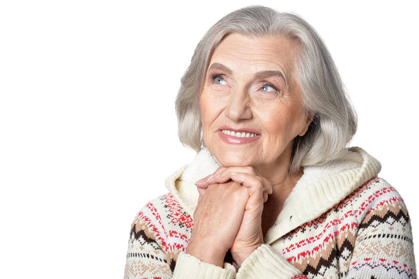 Close up portrait of beautiful senior woman posing isolated on white background - Photo, image