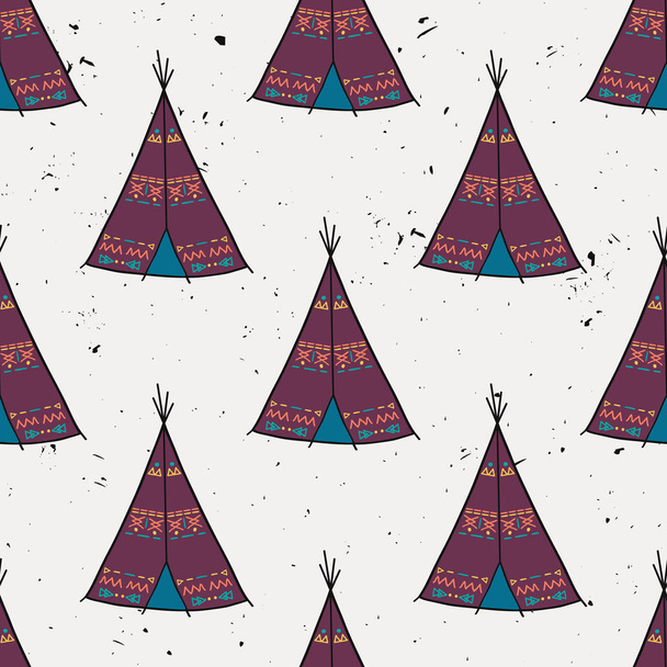 Vector naadloze patroon van Indiaanse tipi huis met tribal sieraad. Kleurrijke Tipi wigwam in boho stijl. - Vector, afbeelding