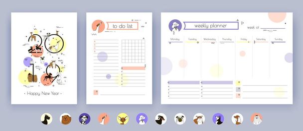 New Year 2019. Cover, Organizer and Schedule with Notes and To Do List. The template is decorated with icons and drawings of dog breeds. Vector art, minimal. Isolated - Vektor, Bild