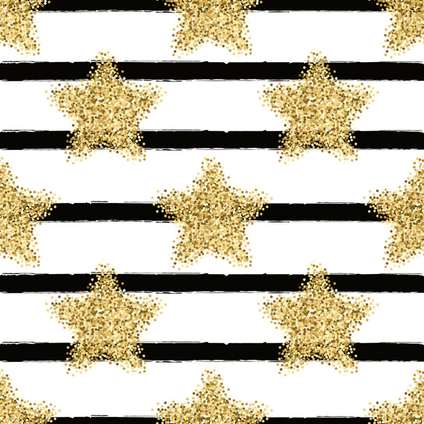 Vector seamless pattern with gold glitter stars and black stripes - Vector, Image