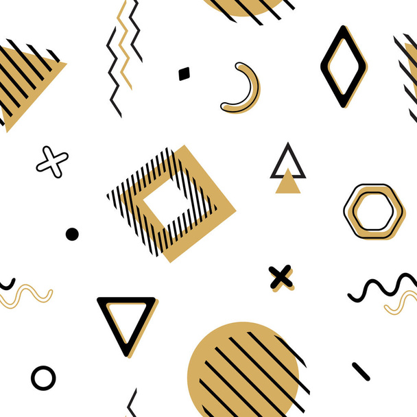 Vector naadloze memphis patroon met geometrische elementen in zwart en goud. Chaotische trendy geometrie in minimalistische vlakke stijl. Geschikt voor mode, affiches, covers, afdrukken. - Vector, afbeelding