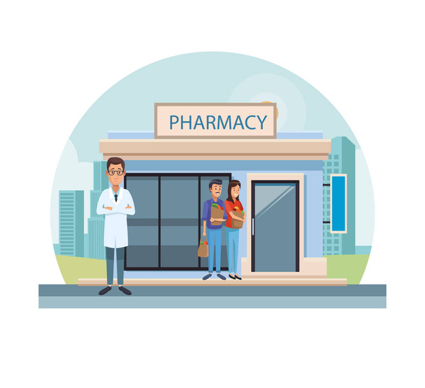 Pharmacy store at city - Vector, Image