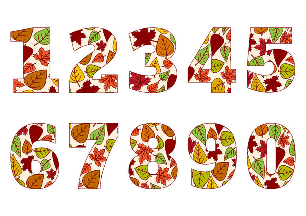 isolierte Zahlen von 0 bis 9 mit Hintergrund aus bunten Herbstblättern. Vektorillustration - Vektor, Bild