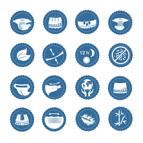 Simple Set of Diaper Related Vector Icons. Contains such Icons as absorbent, slim, natural, bamboo, membrane, soft moisture resistance and more. Blue and white - Vektori, kuva
