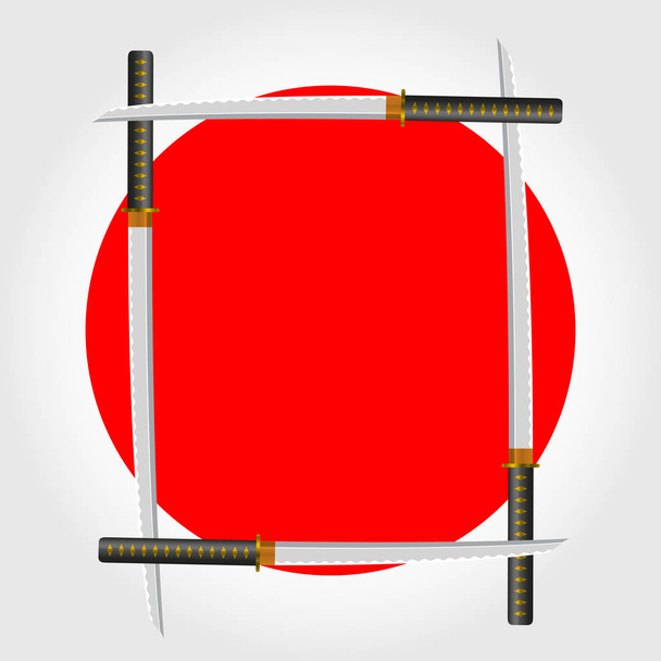 Japanese Sword Frame on the Japanese Flag Background. Samurai Sword Emblem. Vector Illustration. Sushi Restaurant Menu Template, Design Elements. - Vecteur, image