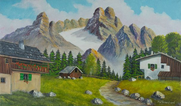 Pintura al óleo de una montaña parcialmente cubierta de nieve con un camino y casas en primer plano
 - Foto, imagen