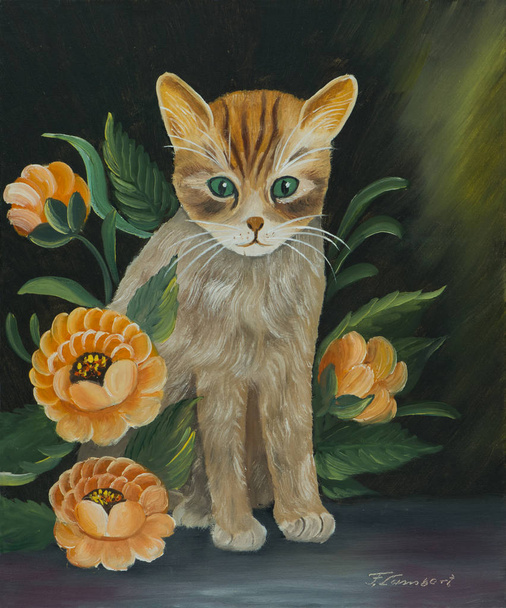 Oil painting - A small beige striped cat sitting on the table between orange flowers - Photo, Image