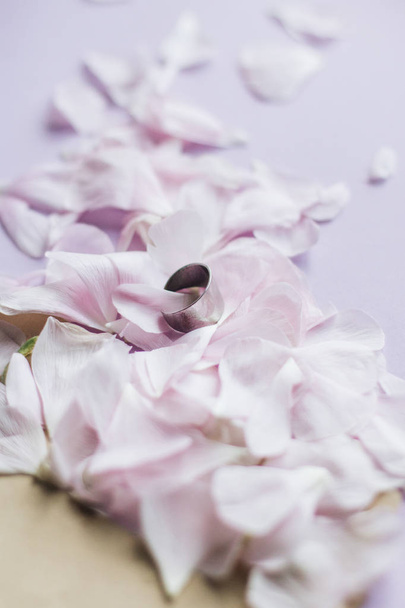 petals of tender pink flowers and ring on pink background - Photo, Image