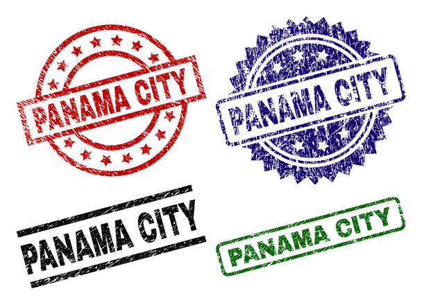 PANAMA CITY seal prints with corroded texture. Black, green,red,blue vector rubber prints of PANAMA CITY text with corroded texture. Rubber seals with circle, rectangle, rosette shapes. - Вектор, зображення