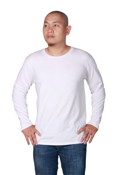 White long sleeved t-shirt mock up, front view, isolated. Male model wear plain white shirt mockup. Long sleeve shirt design template. Blank tees for print - Photo, Image