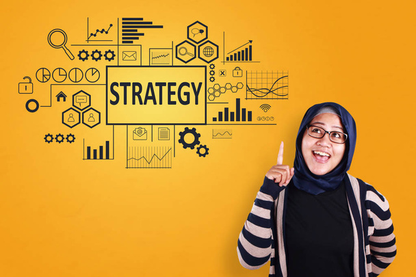 Business Concept. Smiling happy successful asian muslimah entrepreneur with strategy words on virtual screen. Modern Text typography design - Fotoğraf, Görsel