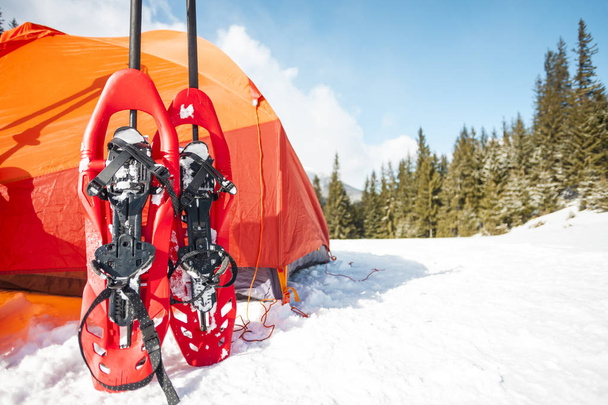 Schneeschuhe neben dem Zelt. Ausrüstung für eine Winterwanderung vor dem Hintergrund von Wald und Bergen. Zelten in den Bergen. Winteraufstieg. - Foto, Bild