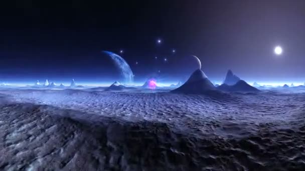 Two Moons over the Fantastic Planet. In the dark sky two moons, bright stars, the setting sun. The rocks are covered with snow, on the surface and horizon there is a thick white mist. - Footage, Video