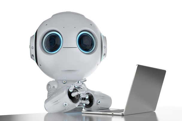 3d rendering cute artificial intelligence robot with computer notebook - Photo, Image