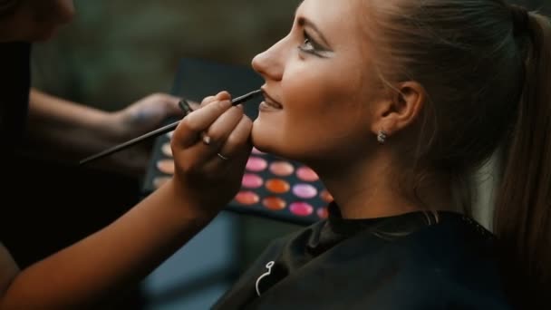make up artist facendo professionale make up di giovane donna - Filmati, video