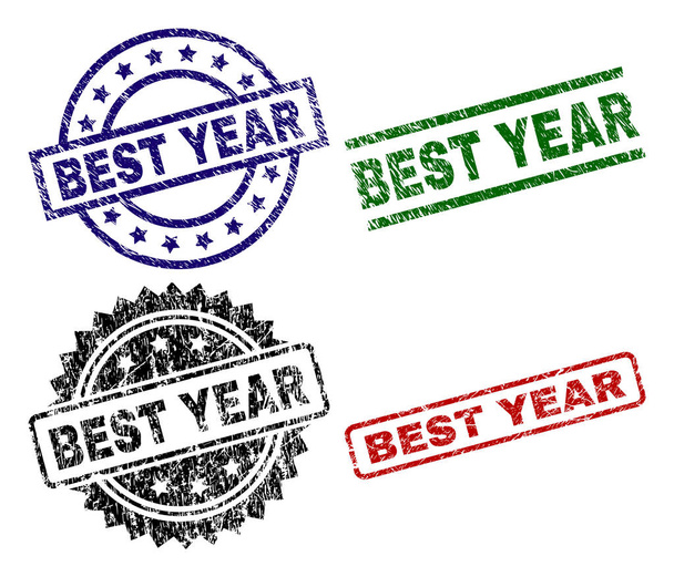 BEST YEAR seal prints with distress texture. Black, green,red,blue vector rubber prints of BEST YEAR tag with corroded surface. Rubber seals with round, rectangle, medal shapes. - Wektor, obraz