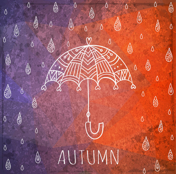 Grunge banner with umbrella and rain drops. Autumn season card. Hand drawn vector illustration. - Vektor, kép
