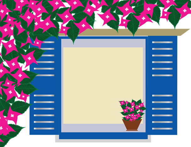 tradycyjne greckie niebieskie okno z kwiatów bugenwilli - Cyklady Grecja - Wektor, obraz