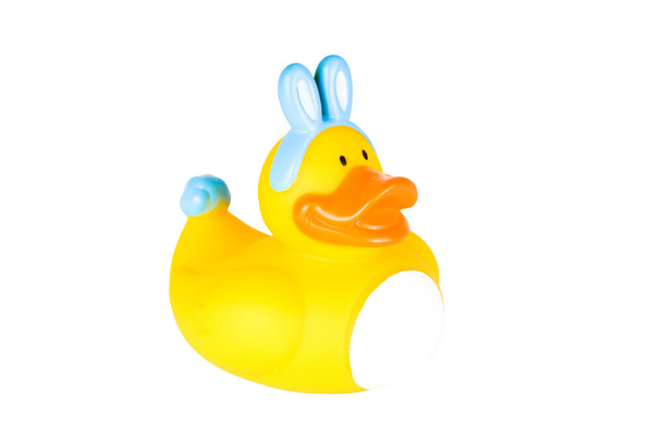 Goma pato chico vestido como conejito de Pascua
 - Foto, Imagen