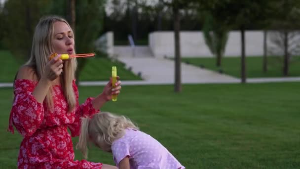 A woman and a child are playing with soap bubbles in the park. - Video