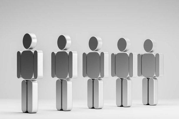 Row of 3d gray human figures standing over a gray background on a white floor. Concept of choice, individuality and human relations. 3d rendering mock up - Photo, Image