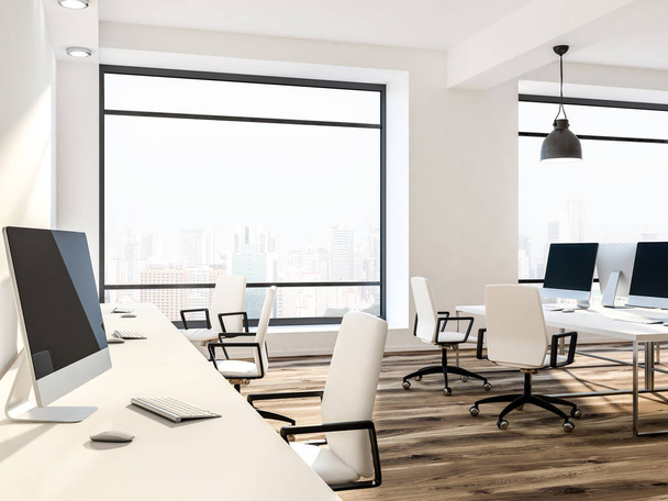 Open space office interior with white walls, wooden floor, loft windows with a city view and rows of computer tables with white chairs near them. Flower beds 3d rendering mock up - Fotó, kép