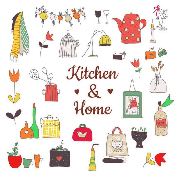 Küchenset mit Utensilien, Kräutern, Blumen für kulinarische Karte, skizzenhafter Stil. Vektorgrafische Illustration - Vektor, Bild