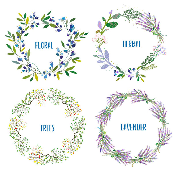 Wieniec z kwiatów, ziół, lavendes, gałęzie drzew. Graficzny ilustracja wektorowa - Wektor, obraz
