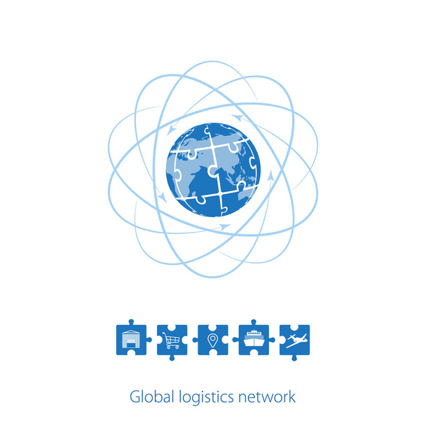 Globális logisztikai hálózat. Globális logisztikai partnerségi kapcsolat megjelenítése. Fehér hasonló világ Térkép és logisztikai ikonok. Puzzle ikonok. Lapos kivitel. Vektoros illusztráció Eps10. - Vektor, kép