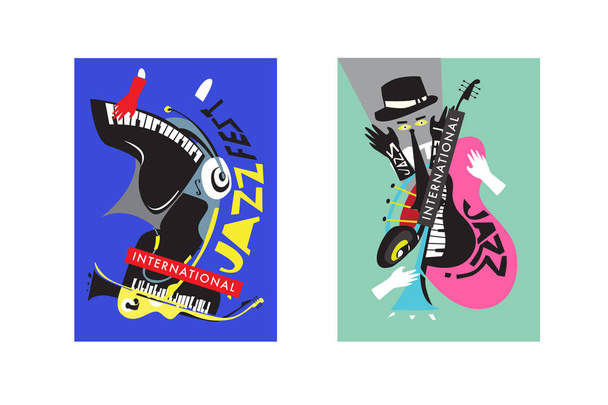 Színes nemzetközi jazz fesztivál. Zenészek, énekesek és poszter hangszer beállítása lapos vektoros illusztráció. A jazz és a zenei események a reklámplakát. - Vektor, kép