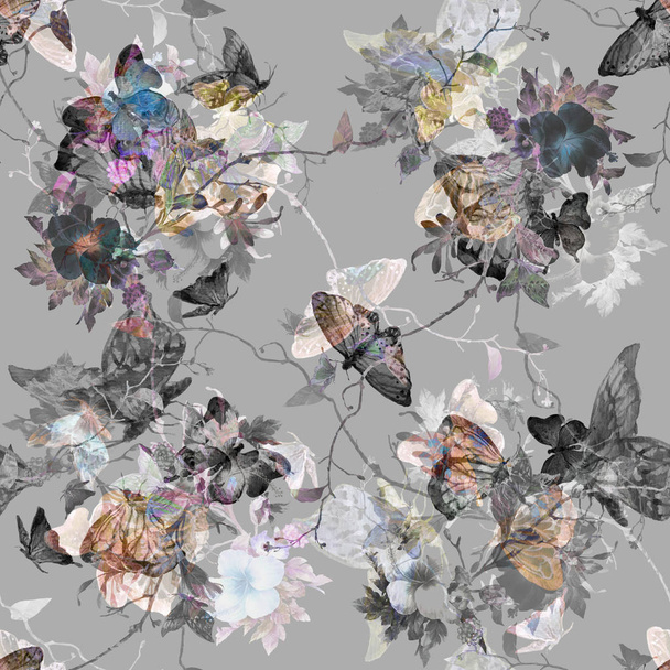 Watercolor painting of Butterfly and flowers, seamless pattern on gray  background - Foto, Imagen