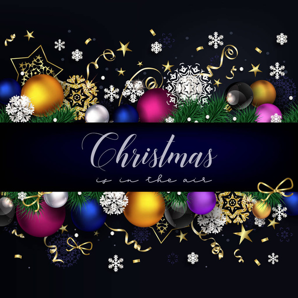 Modern Christmas composition with black background and coloful balls - Vettoriali, immagini