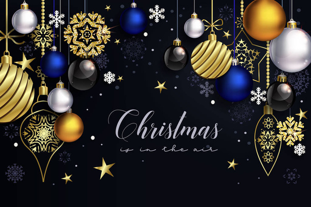 Modern Christmas composition with black background and coloful balls - Vector, Imagen