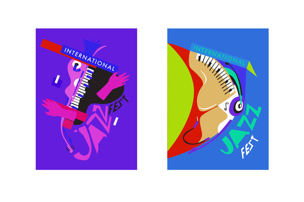 Colorful international jazz festival. Musicians, singers and musical instruments poster set flat vector illustration. Poster template for jazz and music events. - Vector, Image