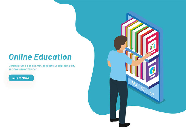 E -library in smartphone screen, isometric illustration of man on blue and white background. Responsive web template design for Online Education. - Vektor, obrázek