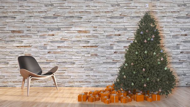 nowoczesne, jasne wnętrza Apartament Pokój dzienny z Christmas tree 3d renderowania ilustracja - Zdjęcie, obraz