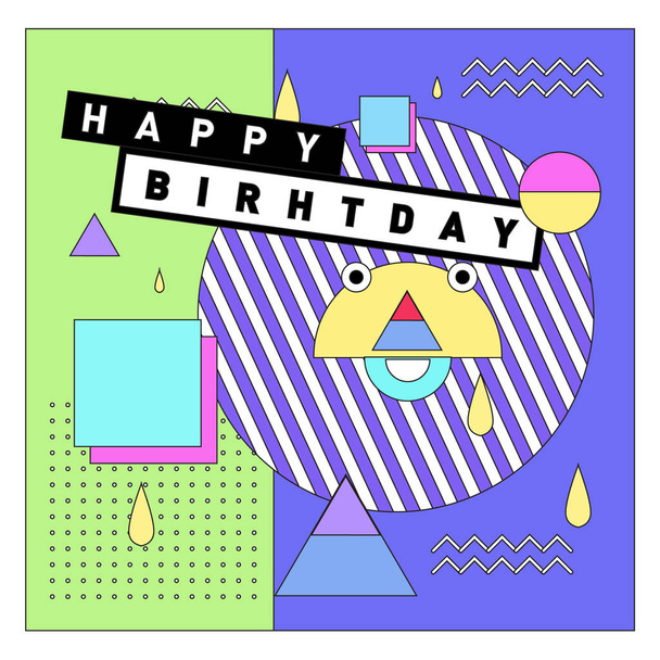 Mutlu doğum günü Memphis tarzı vektör tasarımı için tebrik kartları ve afiş soyut desenli renkli ve retro. Doğum günü kutlaması için tasarım şablonu - Vektör, Görsel