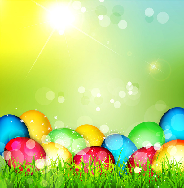Vector painted Easter eggs lying in the grass against the sky an - Vektor, Bild